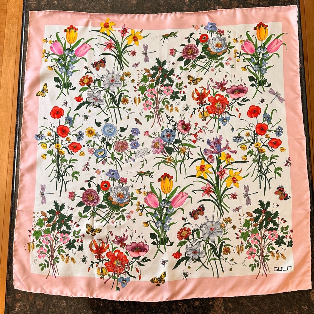 Gucci Flora Scarf, 26.25” Square, Pink Border/white/multi Floral, 100% Silk